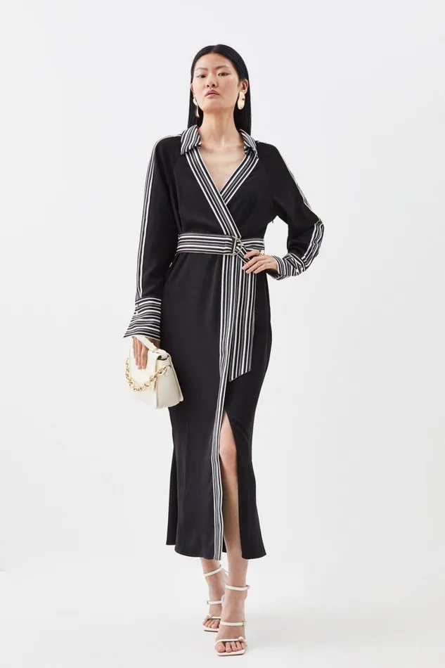 Dresses Women Karen Millen Stripe Twill Batwing Belted Woven Midi Dress Black Dresses Women Karen Millen Stripe Twill Batwing Belted Woven Midi Dress Black