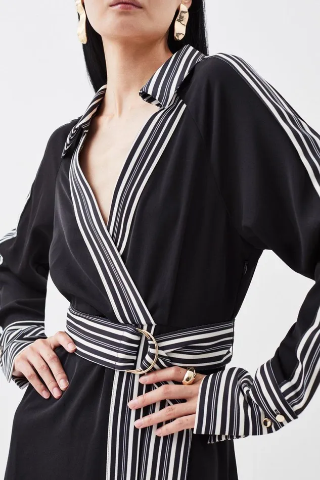 Dresses Women Karen Millen Stripe Twill Batwing Belted Woven Midi Dress Black
