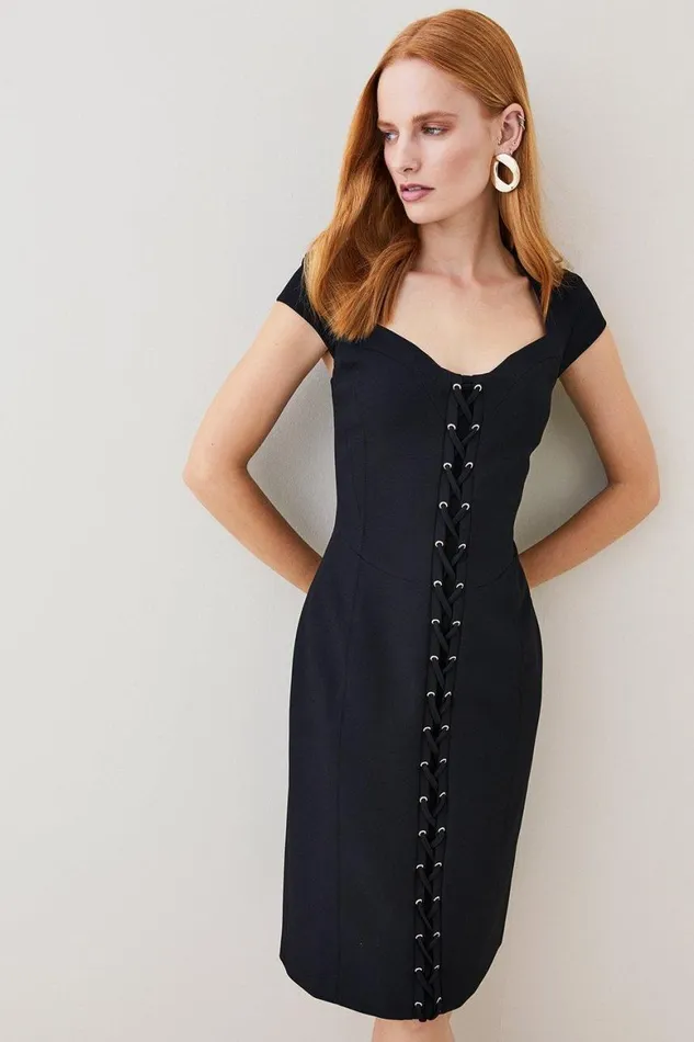 Dresses Women Karen Millen Structured Crepe Tailored Tie Front Pencil Midi Dress Black