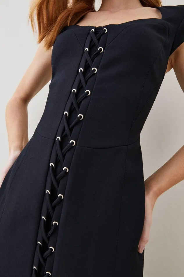 Dresses Women Karen Millen Structured Crepe Tailored Tie Front Pencil Midi Dress Black