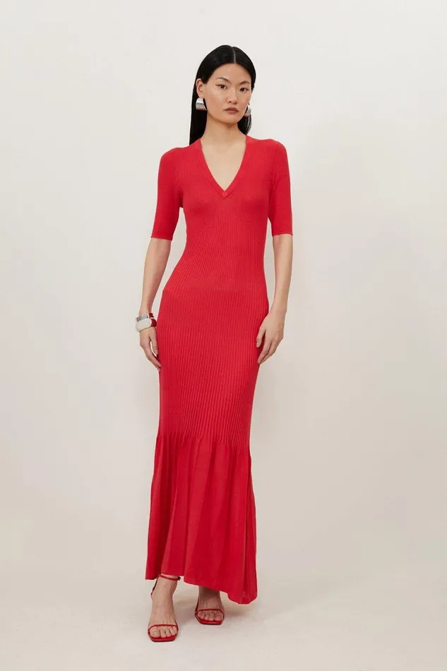 Dresses Women Karen Millen Summer Knit Pleat Detail V Neck Maxi Dress Coral