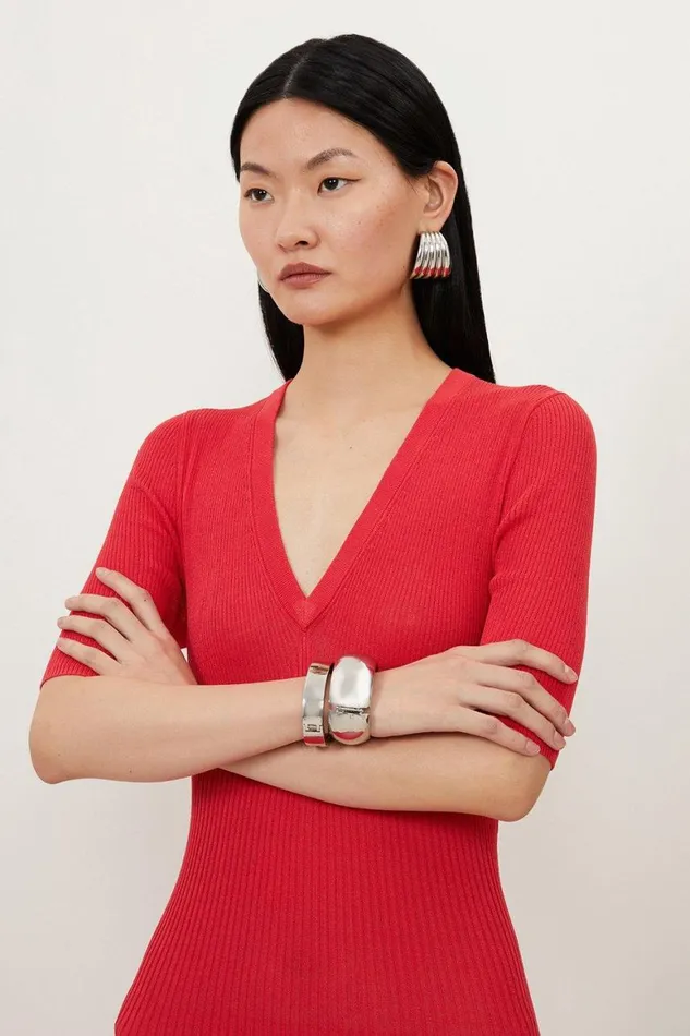 Dresses Women Karen Millen Summer Knit Pleat Detail V Neck Maxi Dress Coral