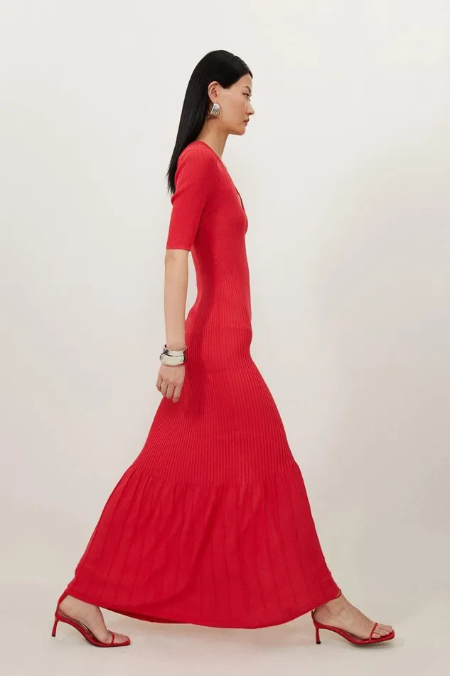 Dresses Women Karen Millen Summer Knit Pleat Detail V Neck Maxi Dress Coral