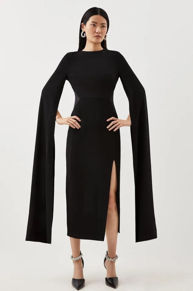 Dresses Women Karen Millen Tailored Compact Stretch Viscose Cape Mesh Panel Midi Dress Black