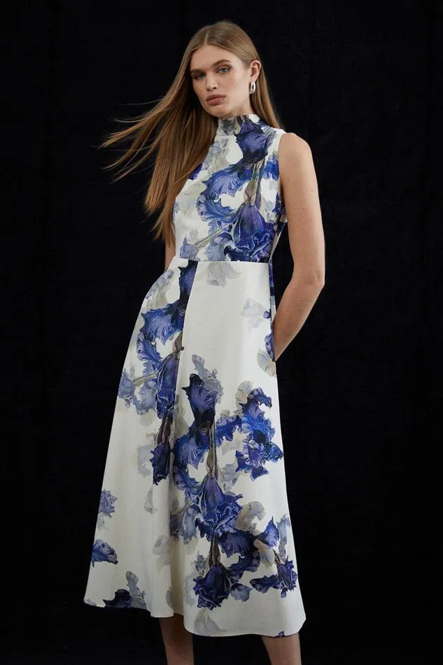 Dresses Women Karen Millen Tailored Crepe Floral Print Tie Neck Midi Dress Multi