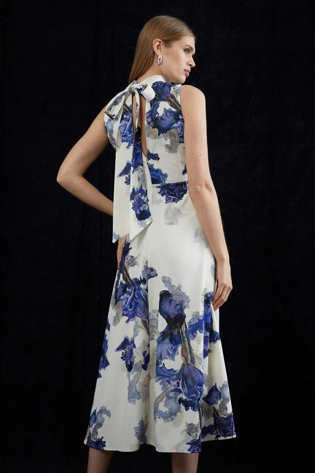 Dresses Women Karen Millen Tailored Crepe Floral Print Tie Neck Midi Dress Multi