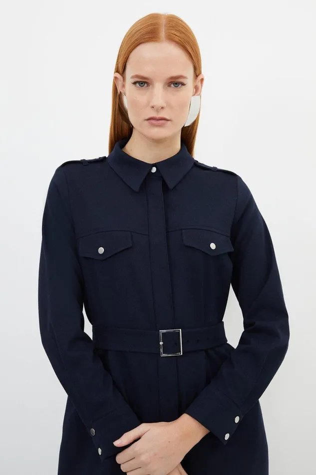 Dresses Women Karen Millen Tailored Flannel Long Sleeve Pocket Detail Shirt Dress Indigo