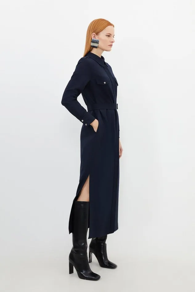 Dresses Women Karen Millen Tailored Flannel Long Sleeve Pocket Detail Shirt Dress Indigo