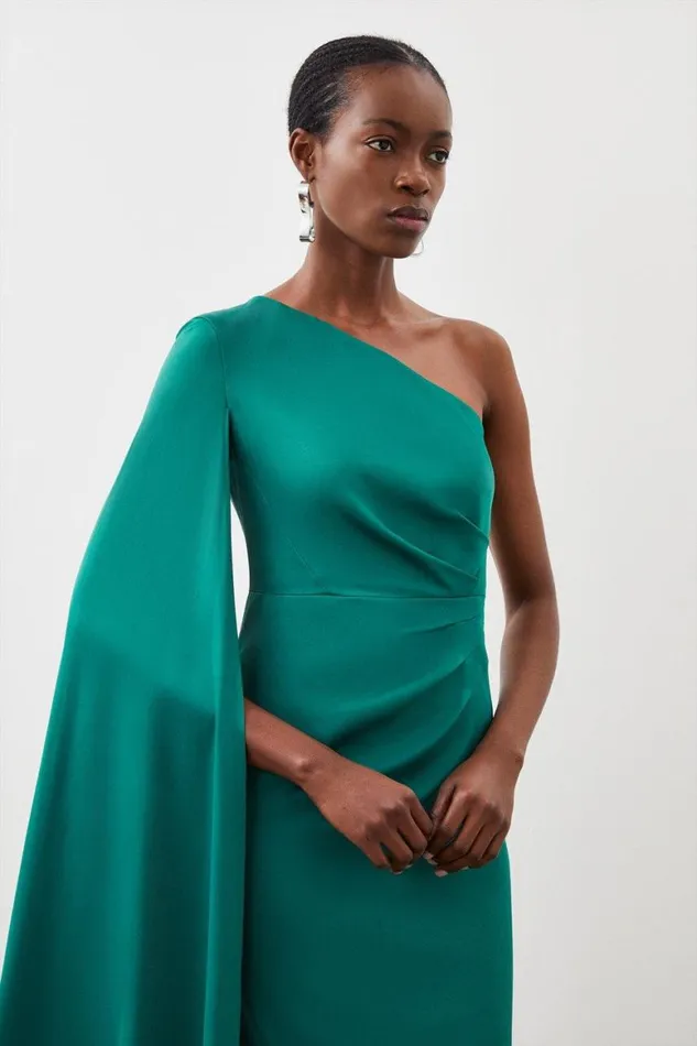 Dresses Women Karen Millen Tailored Satin Back Crepe Drape One Shoulder Maxi Dress Emerald