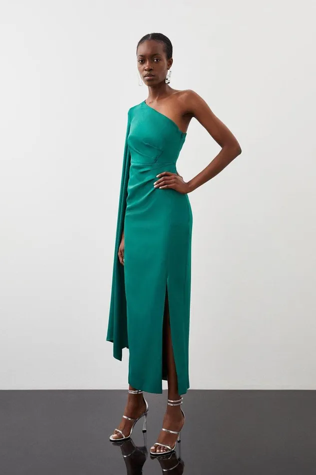 Dresses Women Karen Millen Tailored Satin Back Crepe Drape One Shoulder Maxi Dress Emerald