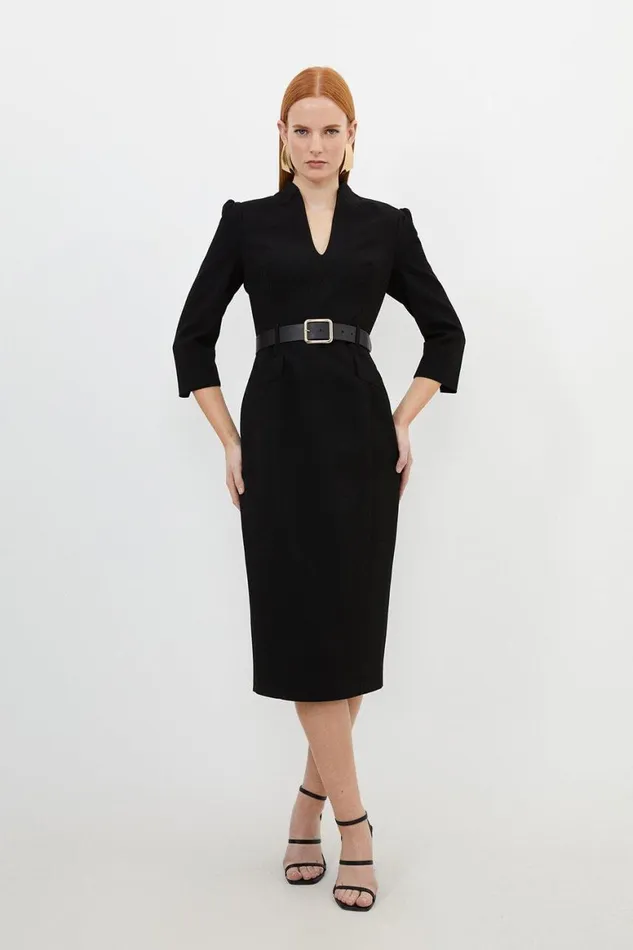 Dresses Women Karen Millen Tailored Structured Crepe High Neck Belted Pencil Dress Black
