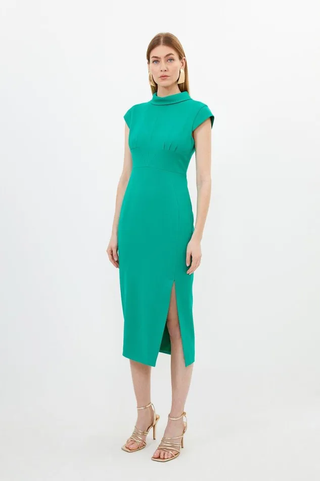 Dresses Women Karen Millen Tailored Structured Crepe High Neck Cap Sleeve Midi Dress Green