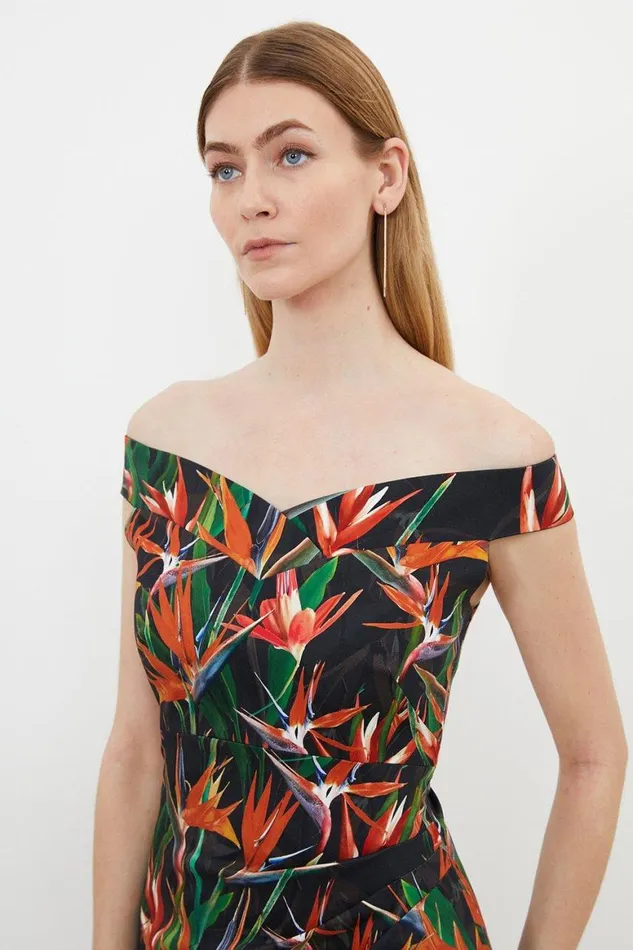 Dresses Women Karen Millen Tailored Tropical Lily Print Cotton Sateen Bardot Midi Dress Multi