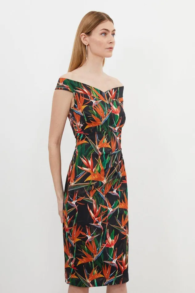 Dresses Women Karen Millen Tailored Tropical Lily Print Cotton Sateen Bardot Midi Dress Multi