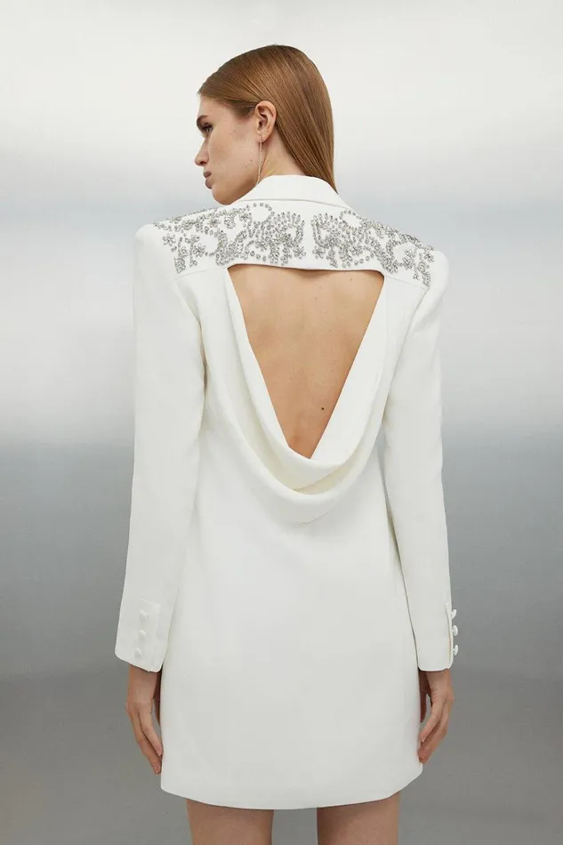 Dresses Women Karen Millen Tailored Viscose Open Back Embellished Blazer Dress Ivory