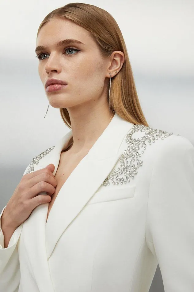 Dresses Women Karen Millen Tailored Viscose Open Back Embellished Blazer Dress Ivory