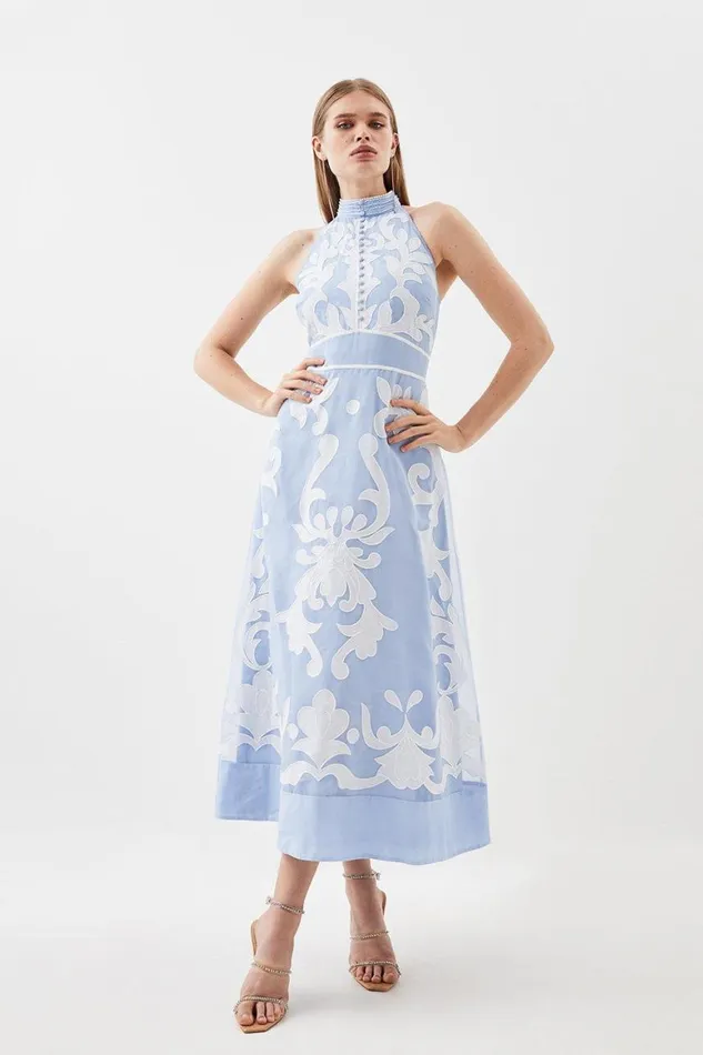 Dresses Women Karen Millen Tall Applique Organdie Midi Woven Dress Blue