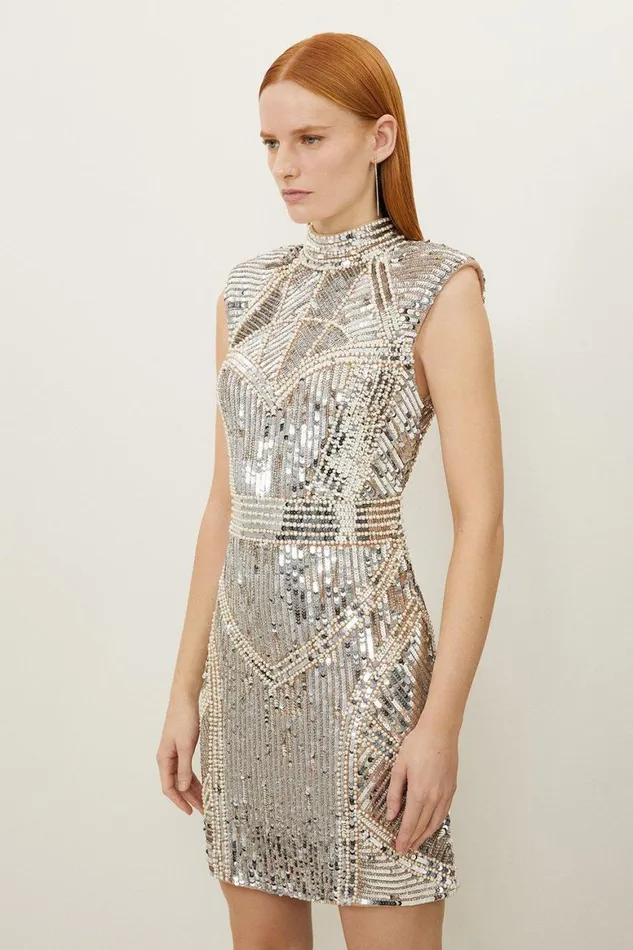 Dresses Women Karen Millen Tall Embellished Pearl Strong Shoulder Mini Dress Nude