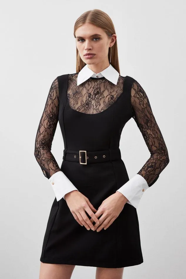 Dresses Women Karen Millen Tall Lace Ponte Cotton Mix Jersey Mini Dress Black