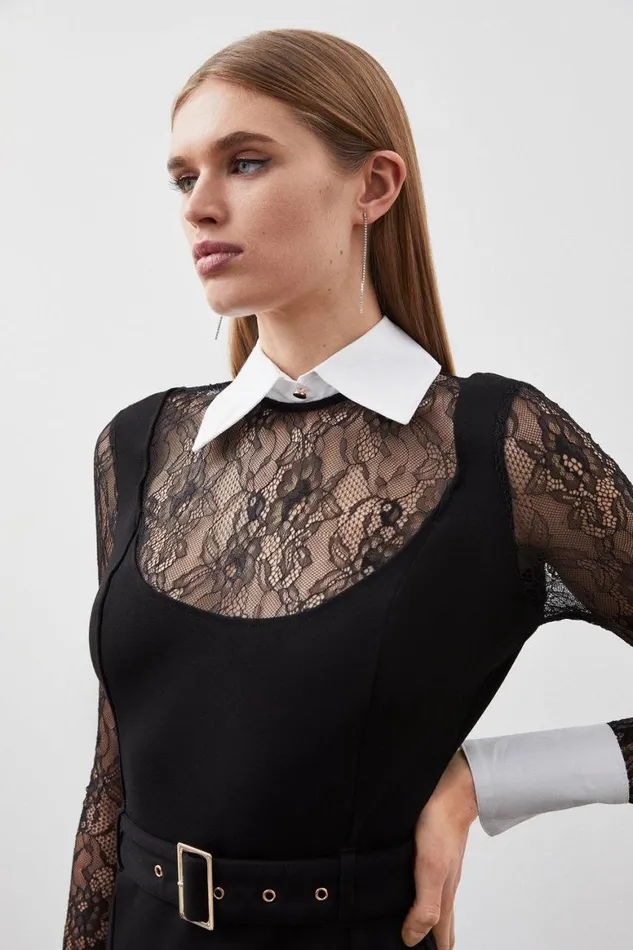 Dresses Women Karen Millen Tall Lace Ponte Cotton Mix Jersey Mini Dress Black