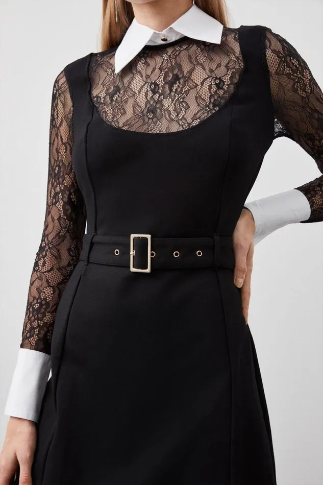 Dresses Women Karen Millen Tall Lace Ponte Cotton Mix Jersey Mini Dress Black