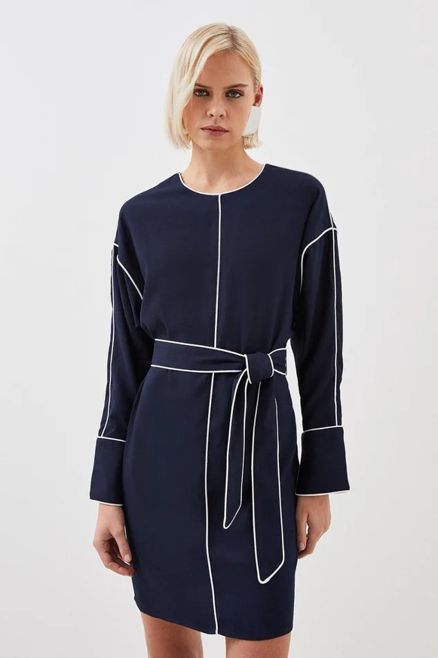 Dresses Women Karen Millen Tall Mono Satin Back Woven Crepe Contrast Piping Mini Dress Navy