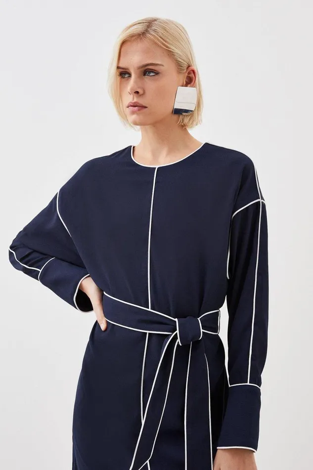 Dresses Women Karen Millen Tall Mono Satin Back Woven Crepe Contrast Piping Mini Dress Navy