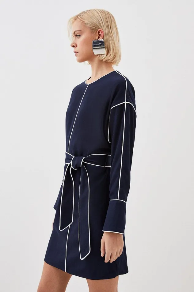 Dresses Women Karen Millen Tall Mono Satin Back Woven Crepe Contrast Piping Mini Dress Navy