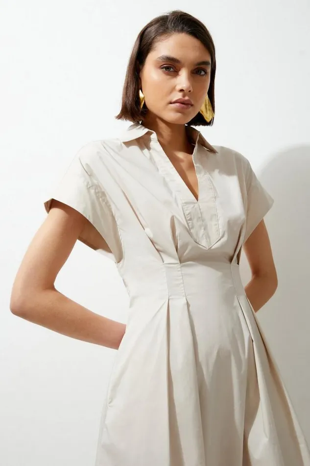 Dresses Women Karen Millen Tall Poplin Dropped Strong Shoulder Woven Shirt Dress Stone