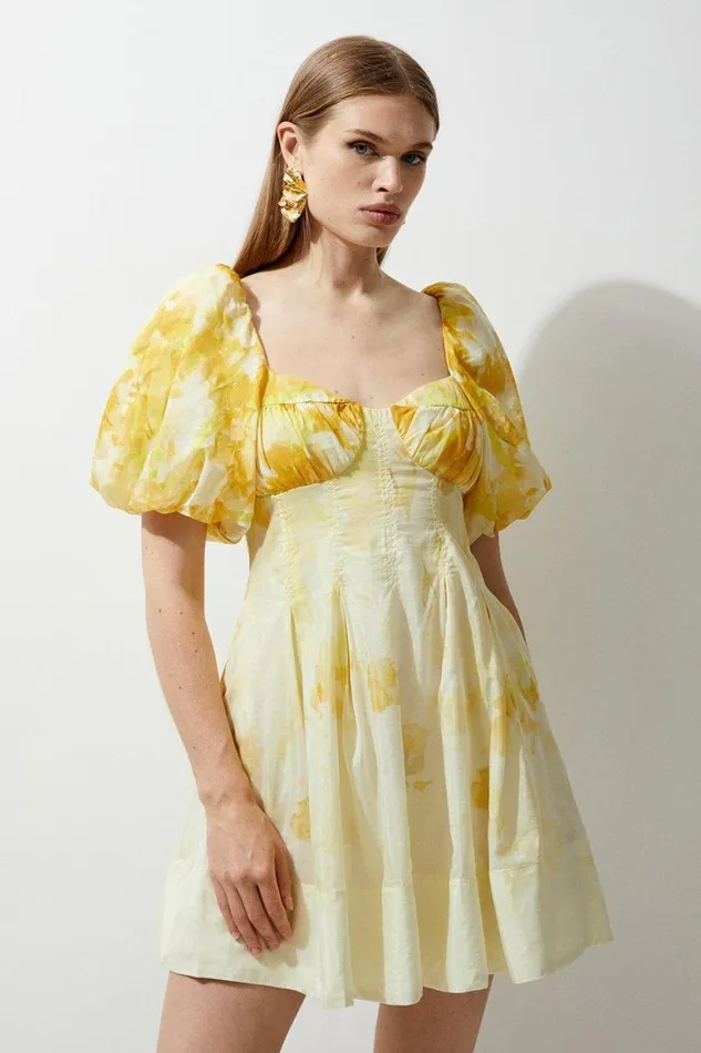 Dresses Women Karen Millen Tall Silk Cotton Trailing Floral Mini Dress Yellow