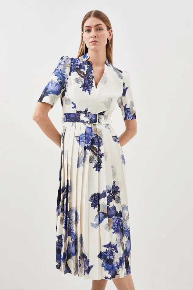 Dresses Women Karen Millen Tall Tailored Crepe Print Detail Pleated Forever Dress Multi