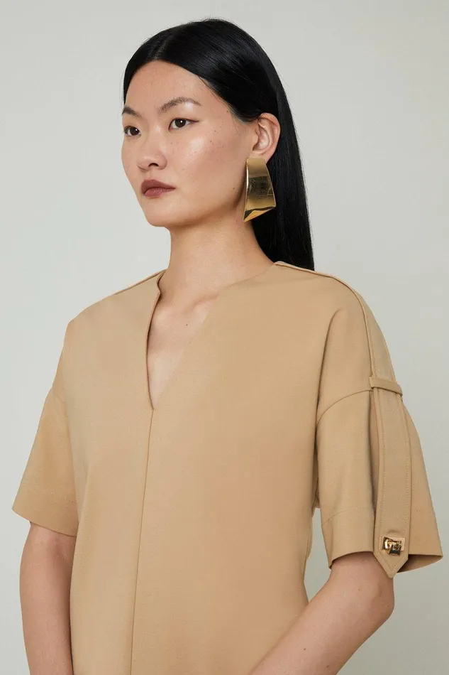 Dresses Women Karen Millen Techno Cotton V Cut Neck Short Sleeve Woven Mini Dress Camel