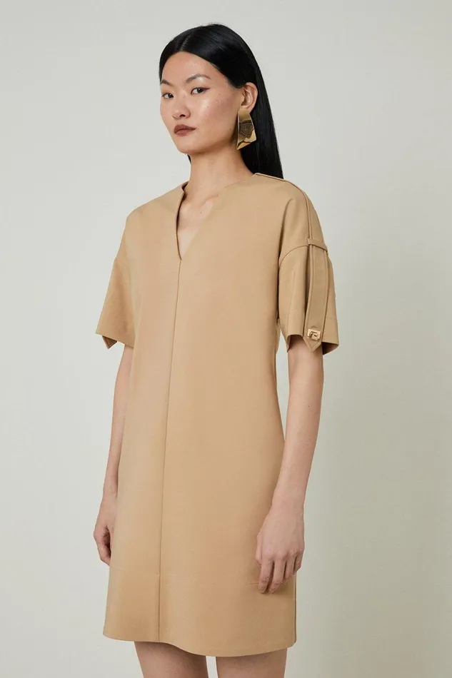Dresses Women Karen Millen Techno Cotton V Cut Neck Short Sleeve Woven Mini Dress Camel