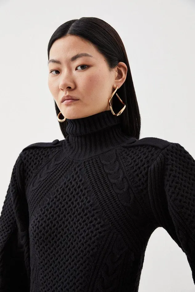 Dresses Women Karen Millen Viscose Blend Cable Knit Roll Neck Mini Dress Black