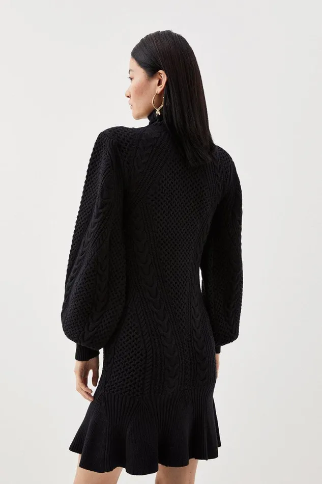 Dresses Women Karen Millen Viscose Blend Cable Knit Roll Neck Mini Dress Black