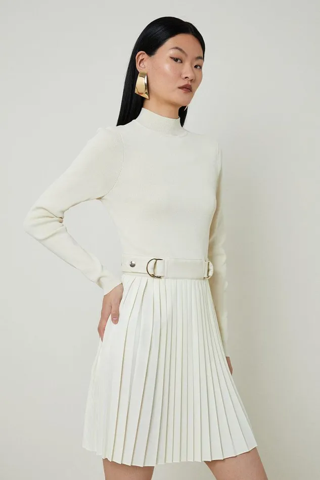 Dresses Women Karen Millen Viscose Blend Knit Dress With Woven Pleated Skirt Pu Belt Cream