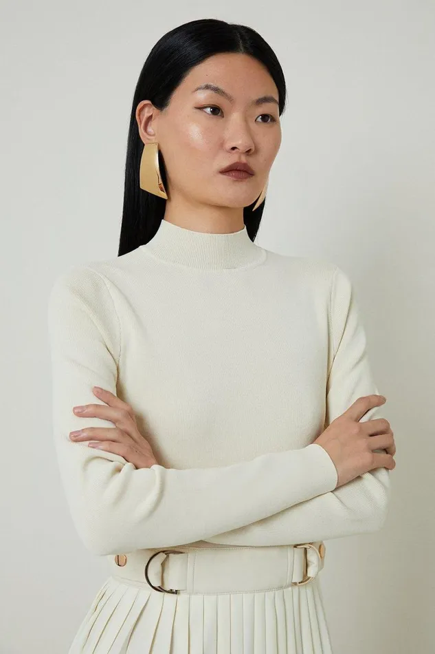Dresses Women Karen Millen Viscose Blend Knit Dress With Woven Pleated Skirt Pu Belt Cream