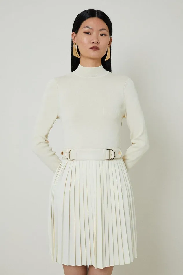 Dresses Women Karen Millen Viscose Blend Knit Dress With Woven Pleated Skirt Pu Belt Cream