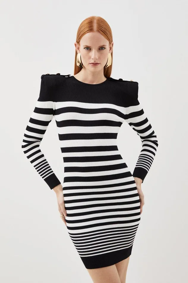 Dresses Women Karen Millen Viscose Blend Rib Striped Military Trim Knit Mini Dress Mono