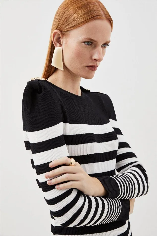 Dresses Women Karen Millen Viscose Blend Rib Striped Military Trim Knit Mini Dress Mono