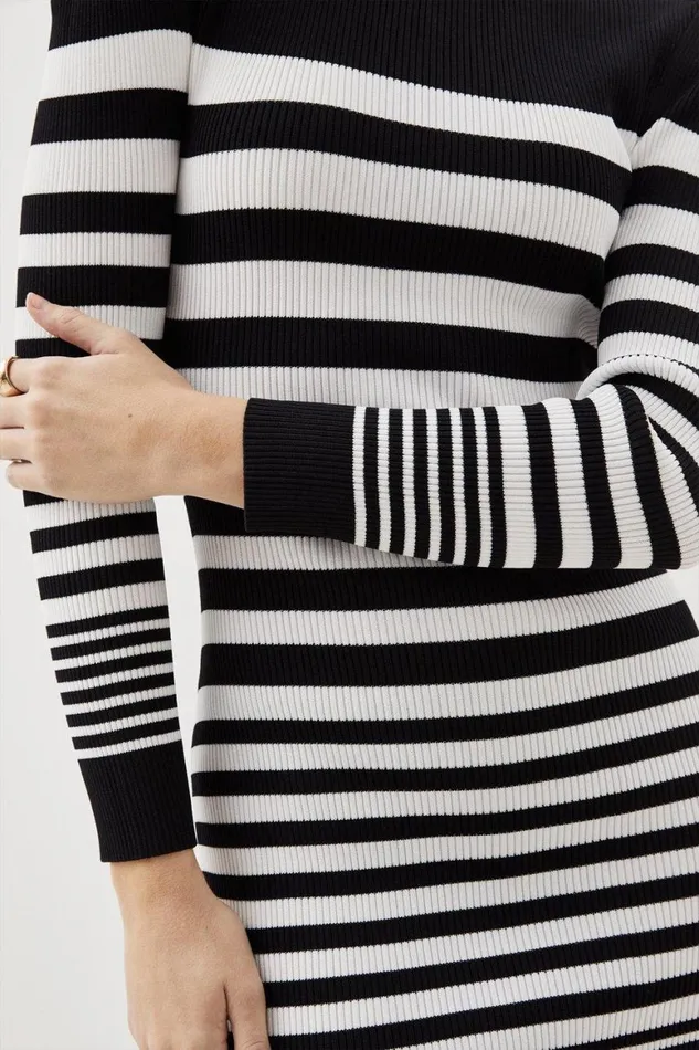 Dresses Women Karen Millen Viscose Blend Rib Striped Military Trim Knit Mini Dress Mono