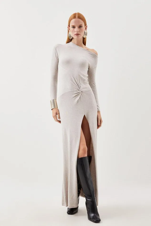 Dresses Women Karen Millen Viscose Blend Twist Knot Cold Shoulder Knitted Maxi Dress Oatmeal