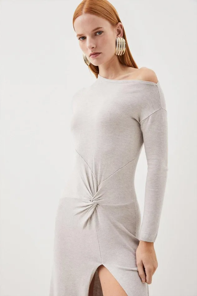 Dresses Women Karen Millen Viscose Blend Twist Knot Cold Shoulder Knitted Maxi Dress Oatmeal