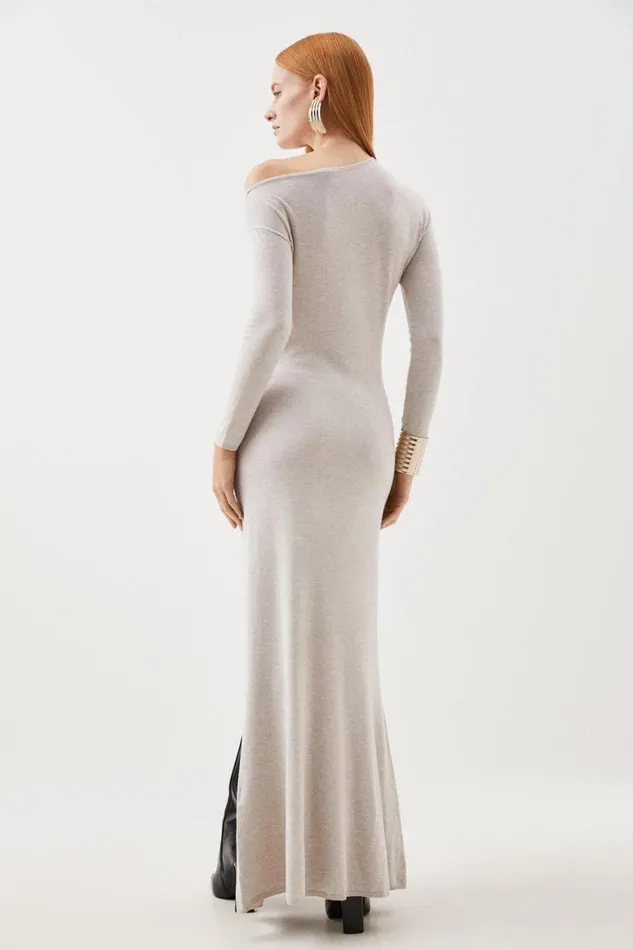 Dresses Women Karen Millen Viscose Blend Twist Knot Cold Shoulder Knitted Maxi Dress Oatmeal