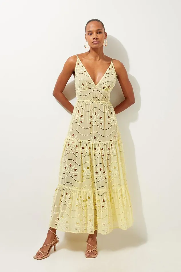 Dresses Women Karen Millen Viscose Georgette Cutwork Woven Beach Maxi Dress Yellow