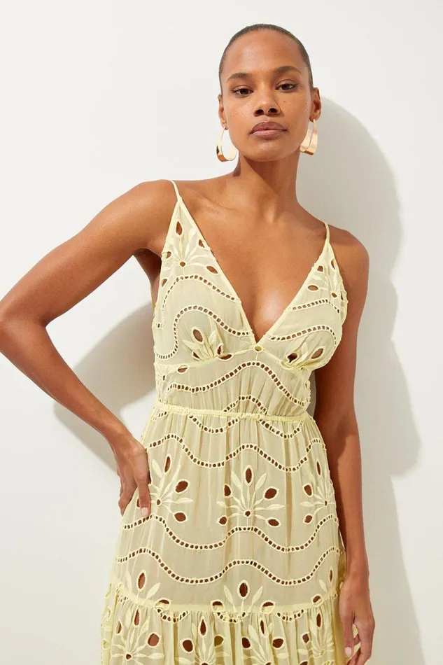 Dresses Women Karen Millen Viscose Georgette Cutwork Woven Beach Maxi Dress Yellow