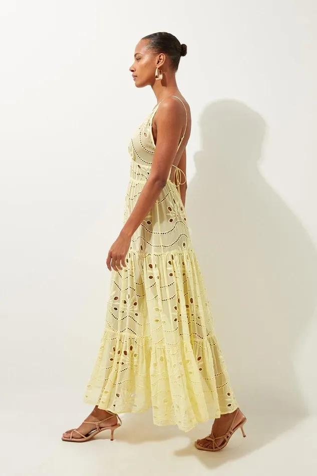 Dresses Women Karen Millen Viscose Georgette Cutwork Woven Beach Maxi Dress Yellow