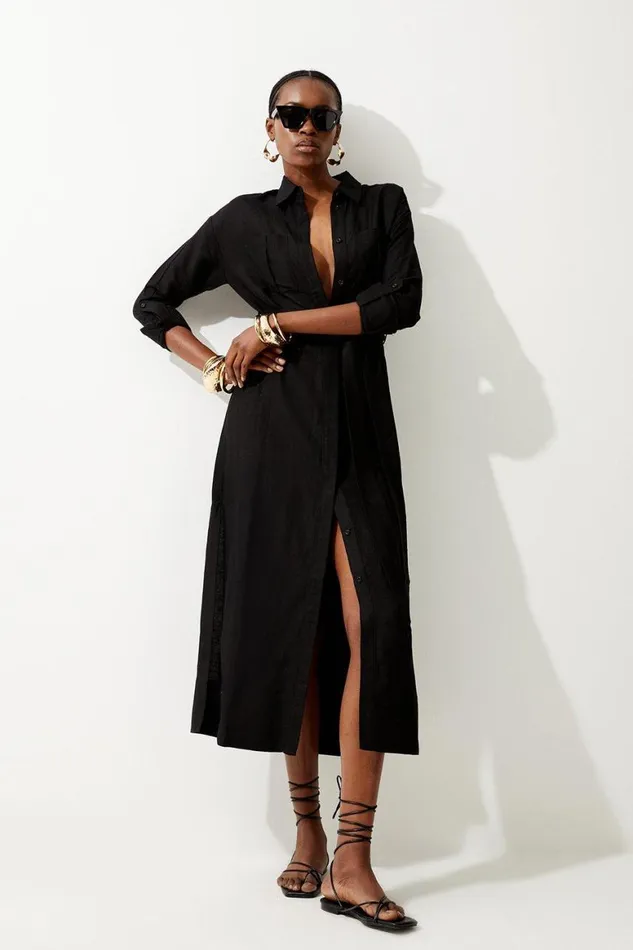 Dresses Women Karen Millen Viscose Linen Woven Belted Maxi Shirt Dress Black