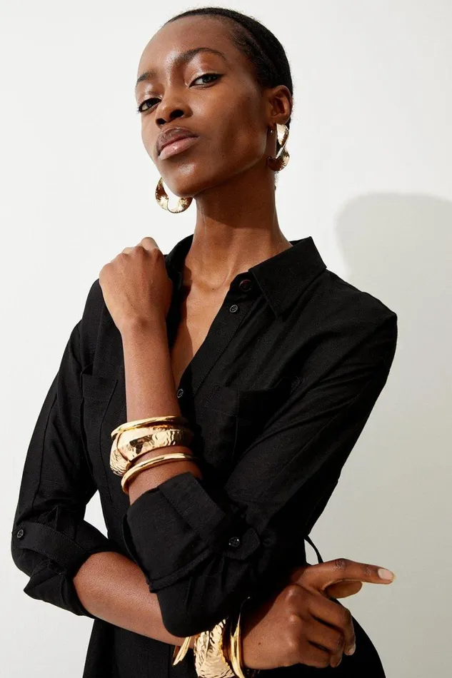 Dresses Women Karen Millen Viscose Linen Woven Belted Maxi Shirt Dress Black