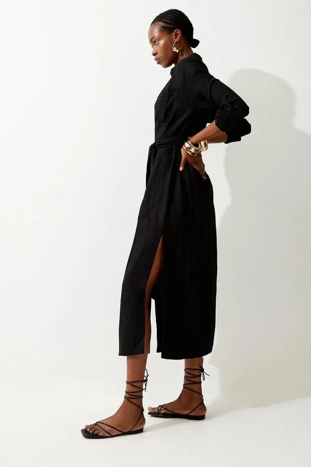 Dresses Women Karen Millen Viscose Linen Woven Belted Maxi Shirt Dress Black